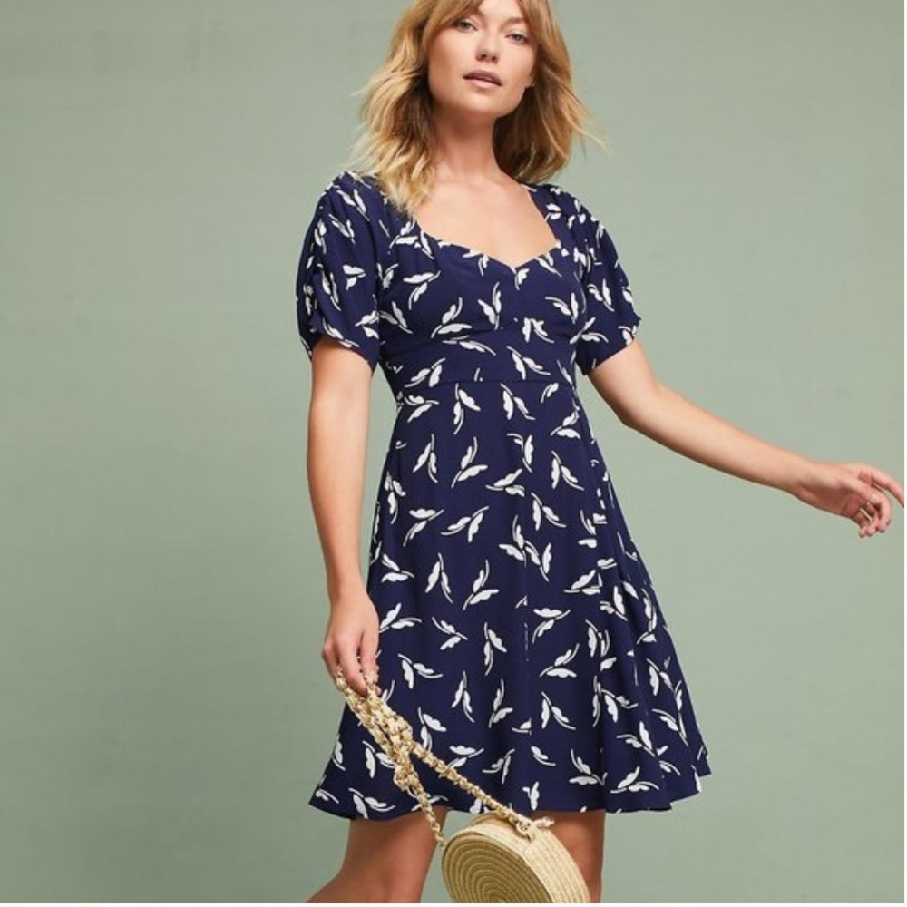 Anthropologie Maeve Navy Fern Ruched Dress Sz 0